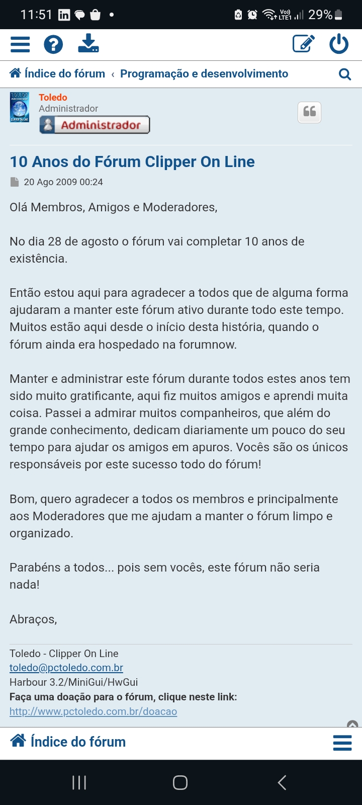 Mensagem comemorativa dos 10 anos do Fórum