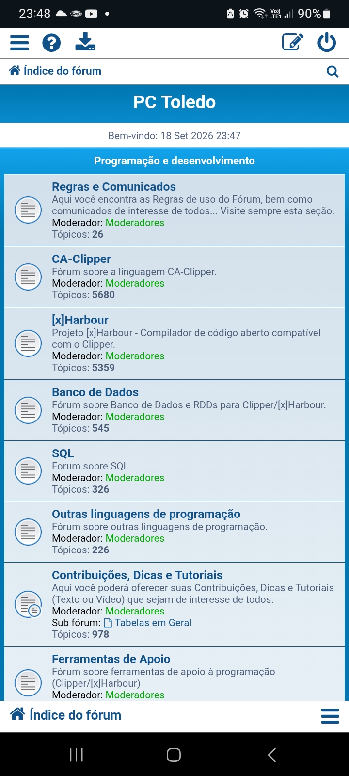 Página principal fórum no Android